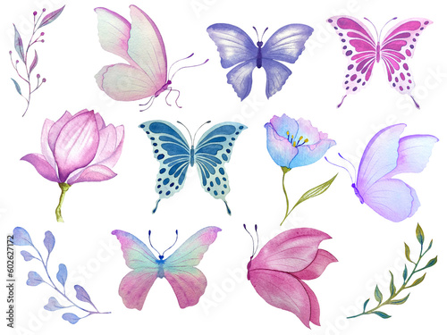 Collection watercolor butterflies, flowers and leaves on white background. hand-drawn.