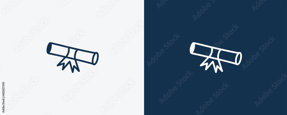 rolled diploma icon. Outline and filled rolled diploma icon from education and science collection. Linear vector isolated on white and dark blue background. Editable rolled diploma symbol.