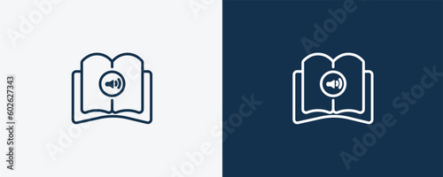 audiobook icon. Outline and filled audiobook icon from education and science collection. Linear vector isolated on white and dark blue background. Editable audiobook symbol.