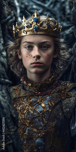 young prince with crown, fictional person made with generative ai © overrust