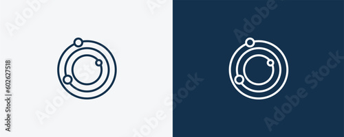 atomic orbitals icon. Outline and filled atomic orbitals icon from education and science collection. Linear vector isolated on white and dark blue background. Editable atomic orbitals symbol.