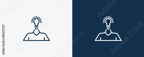 having an idea icon. Outline and filled having an idea icon from education and science collection. Linear vector isolated on white and dark blue background. Editable having an idea symbol.