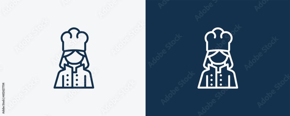 woman cooking icon. Outline woman cooking icon from humans and behavior collection. Linear vector isolated on white and dark blue background. Editable woman cooking symbol. woman cooking icon. Outline woman cooking icon from humans and behavior collection. Linear vector isolated on white and dark blue background. Editable woman cooking symbol.