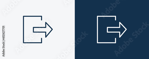 out icon. Outline out icon from humans and behavior collection. Linear vector isolated on white and dark blue background. Editable out symbol.