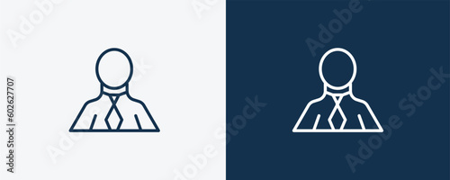 businessman with tie icon. Outline businessman with tie icon from humans and behavior collection. Linear vector isolated on white and dark blue background. Editable businessman with tie symbol.