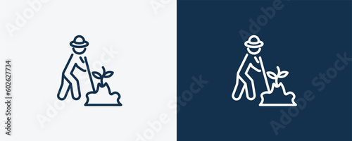 gardener with hat icon. Outline gardener with hat icon from humans and behavior collection. Linear vector isolated on white and dark blue background. Editable gardener with hat symbol.
