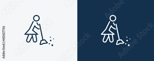 woman sweeping icon. Outline woman sweeping icon from humans and behavior collection. Linear vector isolated on white and dark blue background. Editable woman sweeping symbol.
