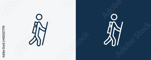 man in hike icon. Outline man in hike icon from humans and behavior collection. Linear vector isolated on white and dark blue background. Editable man in hike symbol.