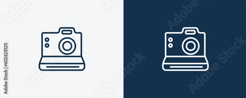 polaroid camera icon. Outline polaroid camera icon from hardware and equipment collection. Linear vector isolated on white and dark blue background. Editable polaroid camera symbol.