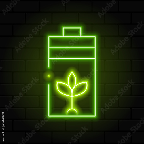 Glowing neon line eco nature leaf and battery icon. Glowing neon battery icon. Battery charging power sign. Electricity symbol. Glowing neon. Vector illustration