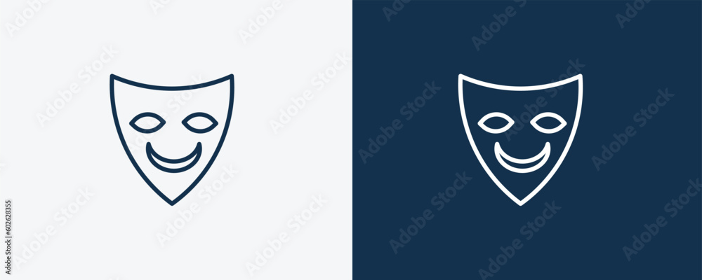 smile mask icon. Outline smile mask icon from cinema and theater collection. Linear vector isolated on white and dark blue background. Editable smile mask symbol. smile mask icon. Outline smile mask icon from cinema and theater collection. Linear vector isolated on white and dark blue background. Editable smile mask symbol.