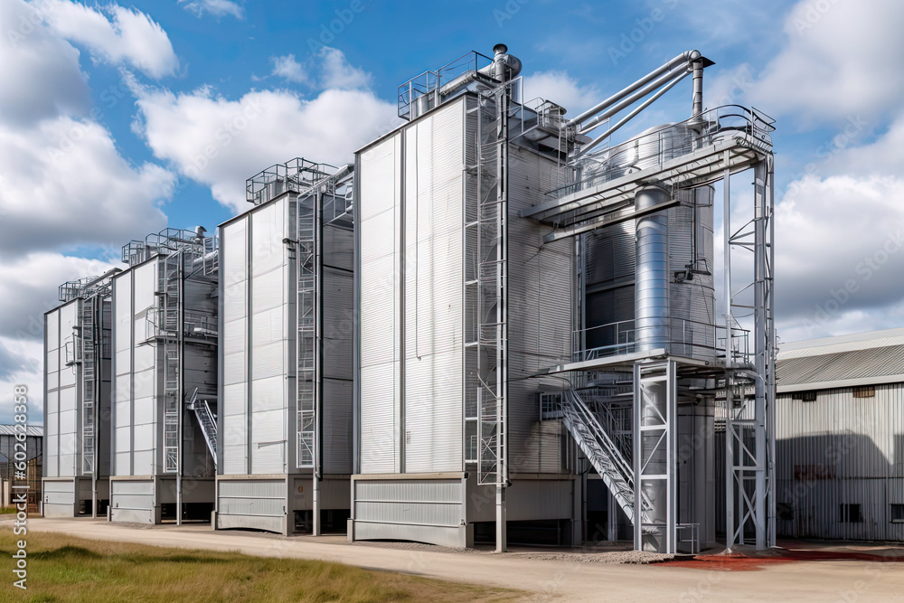 Obraz premium Modern Granary elevator and seed cleaning line. Silver silos on agro-processing and manufacturing plant