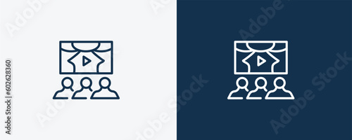 theatre screen icon. Outline theatre screen icon from cinema and theater collection. Linear vector isolated on white and dark blue background. Editable theatre screen symbol.
