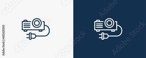 projector with plug icon. Outline projector with plug icon from cinema and theater collection. Linear vector isolated on white and dark blue background. Editable projector with plug symbol.
