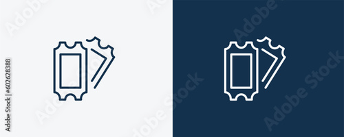 two movie tickets icon. Outline two movie tickets icon from cinema and theater collection. Linear vector isolated on white and dark blue background. Editable two movie tickets symbol.