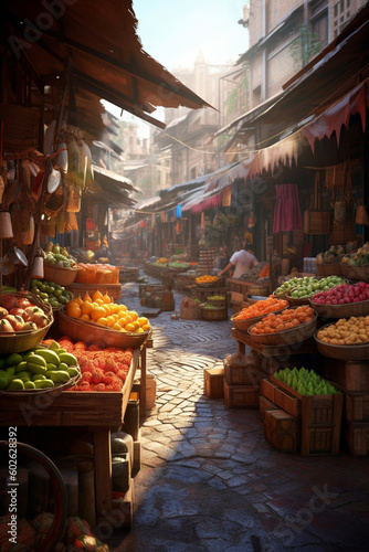 A vibrant and bustling market scene, with colorful stalls selling local handicrafts, spices, and street food, showcasing the cultural diversity and charm of a destination. Generative AI technology