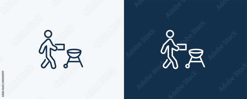 man with barbecue icon. Outline man with barbecue icon from behavior and action collection. Linear vector isolated on white and dark blue background. Editable man with barbecue symbol.