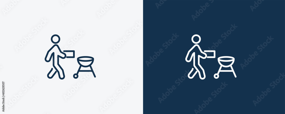 man with barbecue icon. Outline man with barbecue icon from behavior and action collection. Linear vector isolated on white and dark blue background. Editable man with barbecue symbol. man with barbecue icon. Outline man with barbecue icon from behavior and action collection. Linear vector isolated on white and dark blue background. Editable man with barbecue symbol.
