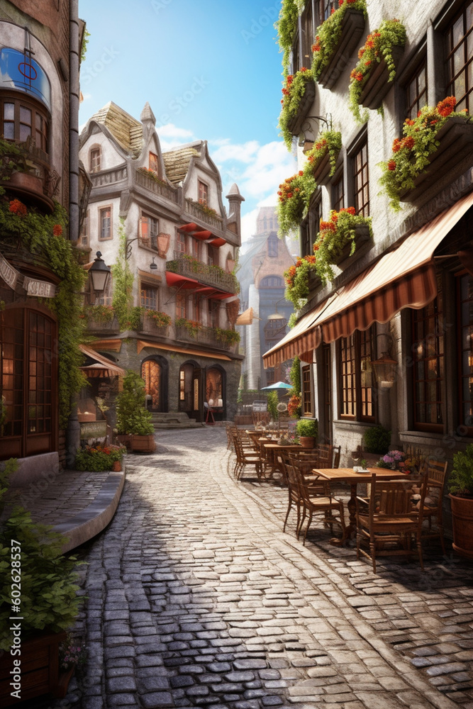 A charming cobblestone street lined with historic buildings, cafes, and shops, representing the quaint and picturesque atmosphere of a popular tourist town Generative AI technology