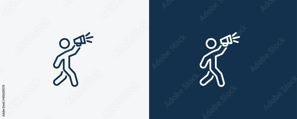 Obraz premium man shouting icon. Outline man shouting icon from behavior and action collection. Linear vector isolated on white and dark blue background. Editable man shouting symbol.