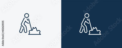 man digging icon. Outline man digging icon from behavior and action collection. Linear vector isolated on white and dark blue background. Editable man digging symbol.