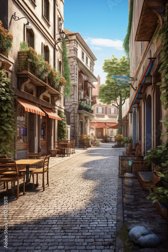 A charming cobblestone street lined with historic buildings, cafes, and shops, representing the quaint and picturesque atmosphere of a popular tourist town Generative AI technology © Natalia