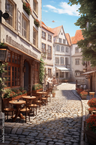 A charming cobblestone street lined with historic buildings, cafes, and shops, representing the quaint and picturesque atmosphere of a popular tourist town Generative AI technology © Natalia