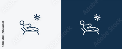 man sunbathing icon. Outline man sunbathing icon from behavior and action collection. Linear vector isolated on white and dark blue background. Editable man sunbathing symbol.