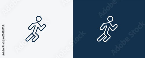 stick man running icon. Outline stick man running icon from behavior and action collection. Linear vector isolated on white and dark blue background. Editable stick man running symbol.