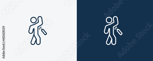 man spraying deodorant icon. Outline man spraying deodorant icon from behavior and action collection. Linear vector isolated on white and dark blue background. Editable man spraying deodorant symbol.