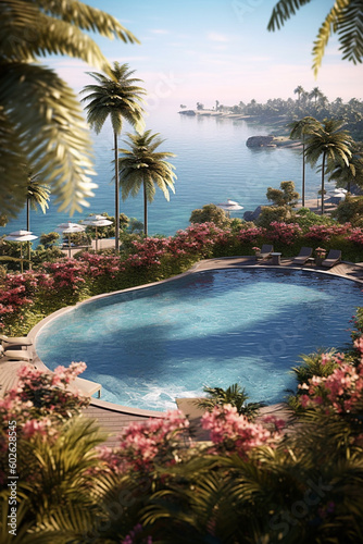 A luxurious resort or hotel pool overlooking the ocean or surrounded by lush tropical gardens, epitomizing relaxation and indulgence. Generative AI technology