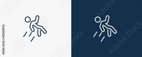 man falling icon. Outline man falling icon from behavior and action collection. Linear vector isolated on white and dark blue background. Editable man falling symbol.