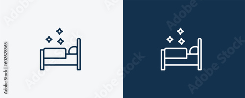 making the bed icon. Outline making the bed icon from behavior and action collection. Linear vector isolated on white and dark blue background. Editable making the bed symbol.