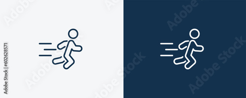 man running icon. Outline man running icon from behavior and action collection. Linear vector isolated on white and dark blue background. Editable man running symbol.