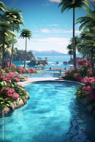A luxurious resort or hotel pool overlooking the ocean or surrounded by lush tropical gardens, epitomizing relaxation and indulgence. Generative AI technology © Natalia