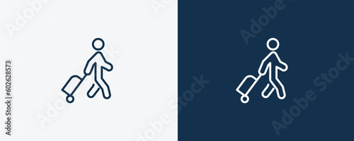 man travelling icon. Outline man travelling icon from behavior and action collection. Linear vector isolated on white and dark blue background. Editable man travelling symbol.