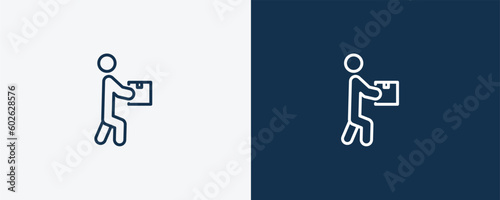 stick man with box icon. Outline stick man with box icon from behavior and action collection. Linear vector isolated on white and dark blue background. Editable stick man with box symbol.