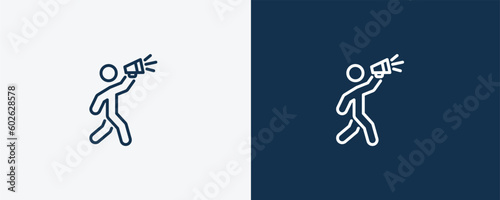 man shouting icon. Outline man shouting icon from behavior and action collection. Linear vector isolated on white and dark blue background. Editable man shouting symbol.