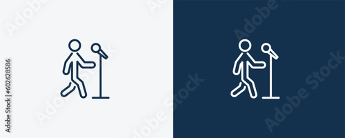 singer with microphone icon. Outline singer with microphone icon from behavior and action collection. Linear vector isolated on white and dark blue background. Editable singer with microphone symbol.