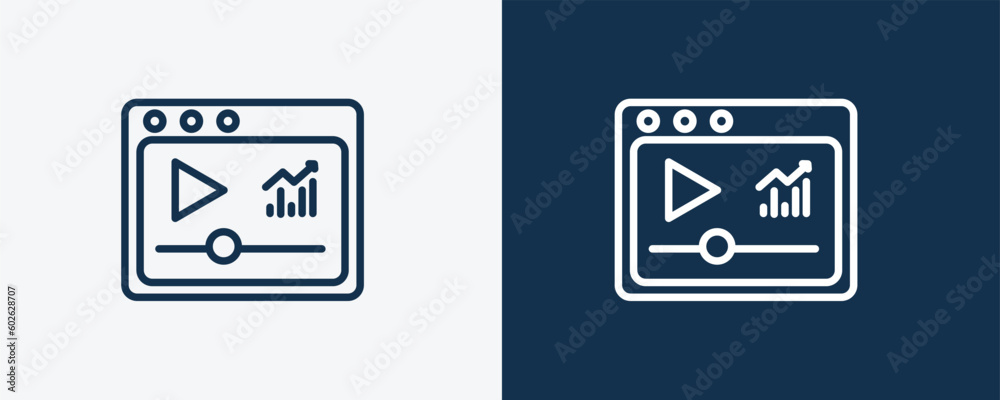 video marketing icon. Outline video marketing icon from marketing collection. Linear vector isolated on white and dark blue background. Editable video marketing symbol. video marketing icon. Outline video marketing icon from marketing collection. Linear vector isolated on white and dark blue background. Editable video marketing symbol.