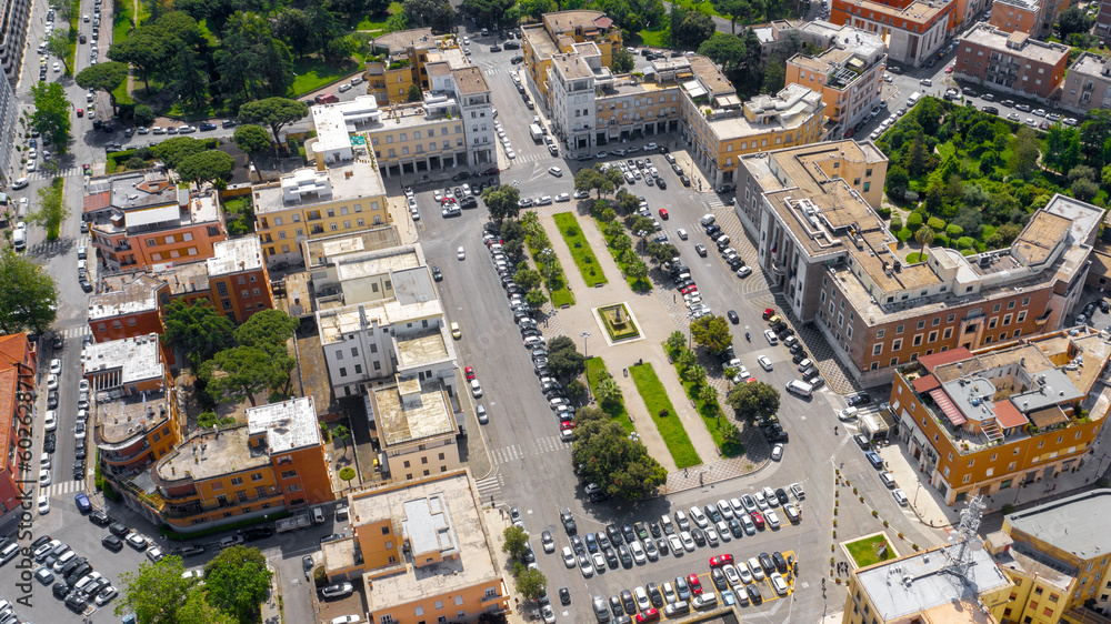 Aerial view of Piazza Libertà in the historical center of Latina, Lazio, Italy. In this square is located the Government Palace, now the Prefecture building, symbol of fascist rationalist architecture