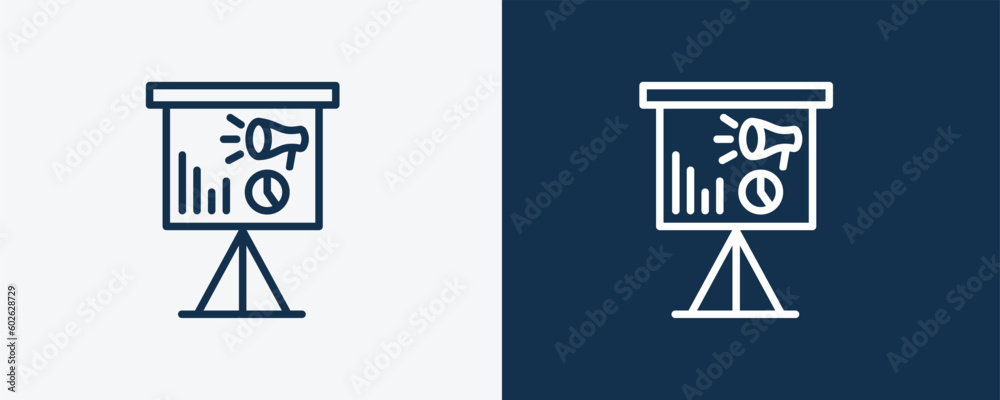 marketing presentation icon. Outline marketing presentation icon from marketing collection. Linear vector isolated on white and dark blue background. Editable marketing presentation symbol. marketing presentation icon. Outline marketing presentation icon from marketing collection. Linear vector isolated on white and dark blue background. Editable marketing presentation symbol.