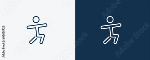 man warming up icon. Outline man warming up icon from behavior and action collection. Linear vector isolated on white and dark blue background. Editable man warming up symbol.