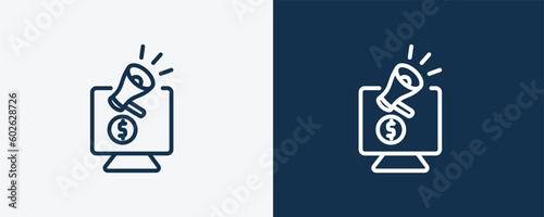 online marketing icon. Outline online marketing icon from marketing collection. Linear vector isolated on white and dark blue background. Editable online marketing symbol.