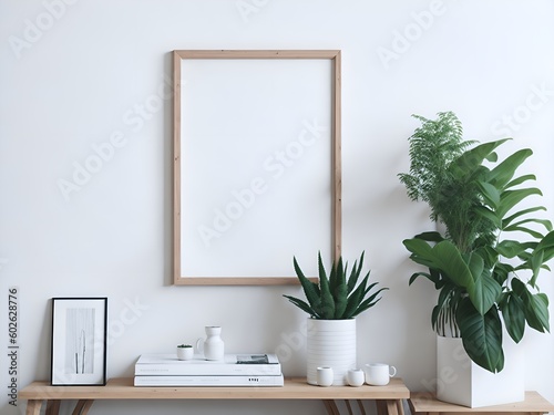 Empty vertical wooden picture frame mockup. in scandi style interior with green plant in pot, pile of books and shelf on empty neutral white wall background. Created with Generative Ai