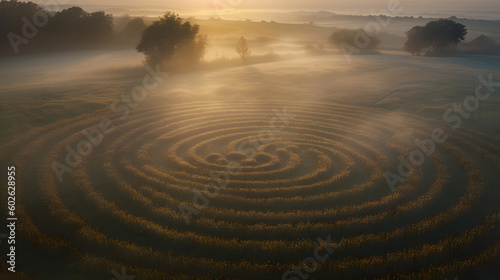 Crop Circles Emerging at Dawn, Generated AI photo