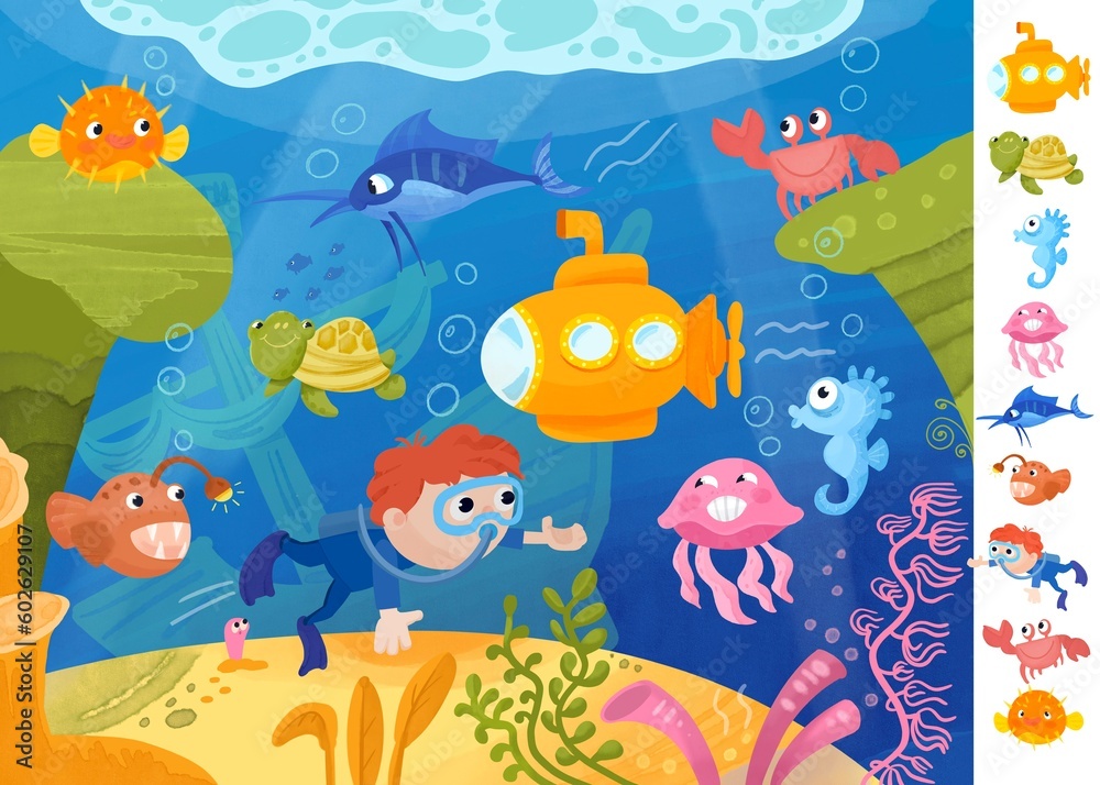 Find and circle objects. Puzzle game for children. Cute cartoon sea creature and boy underwater. Ocean animals with shipwreck. Watercolor illustration. 