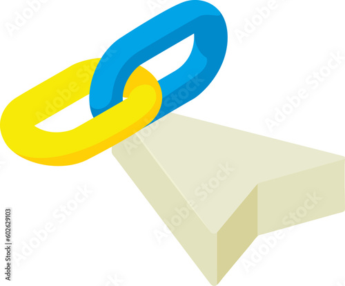 Block chain icon isometric vector. Cursor sign near blue and yellow chain link. Blockchain technology, cryptocurrency concept photo