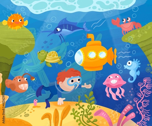 Fototapeta Naklejka Na Ścianę i Meble -  Cute cartoon sea creature and boy underwater. Ocean animals with shipwreck. Colorful scene for worksheet. Watercolor illustration. 