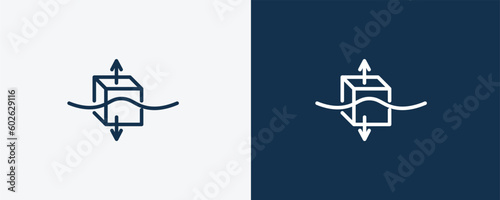 archimedes principle icon. Outline archimedes principle, equipment icon from education collection. Linear vector isolated on white and dark blue background. Editable archimedes principle symbol.